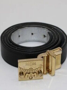MCM Men's Gold Buckle Reversible Berlin One Size Belt - Black/Silver/Gold